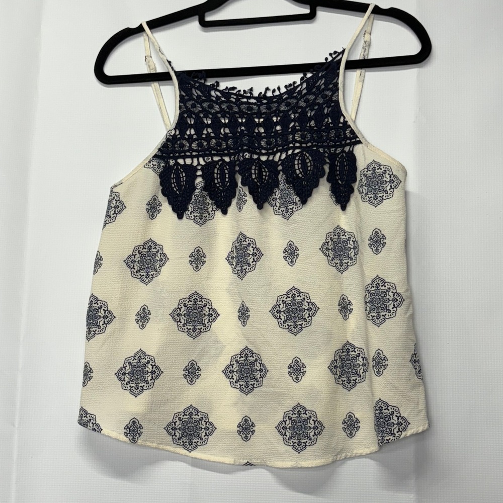 Y2K Cream‎ Sleeveless Top Blue Medallion Print Crochet Trim Casual Tank Babydoll